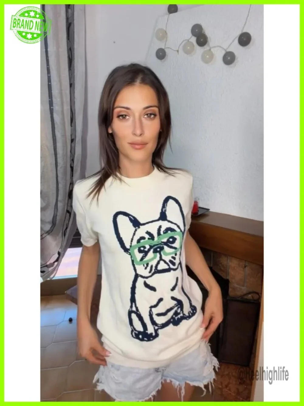 OXKNIT Women's Knitted T-Shirt Short Sleeve 1960s Mod Dog Pattern Crewneck